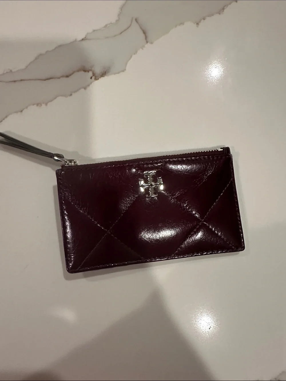Tory Burch Quilted Patent Leather Wallet in Deep Burgundy